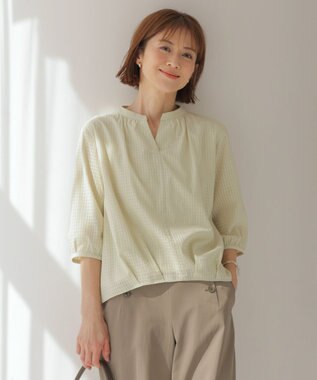 J.PRESS LADIES 【洗える】コットンブレンドチェック バンドカラー カットソー ライム系