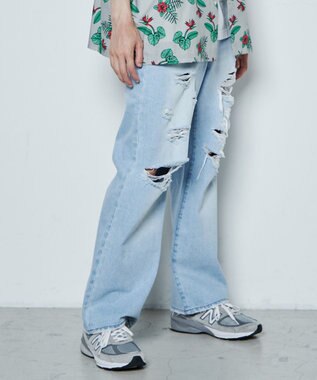 WEGO ダメージデニムワイドパンツ デニム淡色