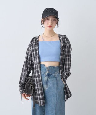 earth music&ecology フーディーチェックシャツ Black