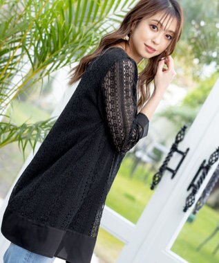 Tiaclasse L 【洗える】レースコンビチュニックブラウス ブラック