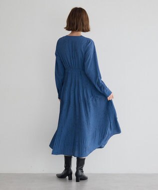 YECCA VECCA ラインボタニカル柄プリーツワンピース Blue