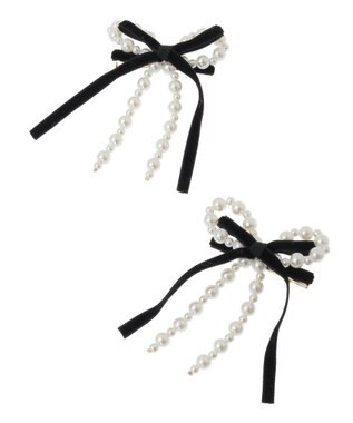 Maison de FLEUR パールベロアリボン2セットクリップ Black