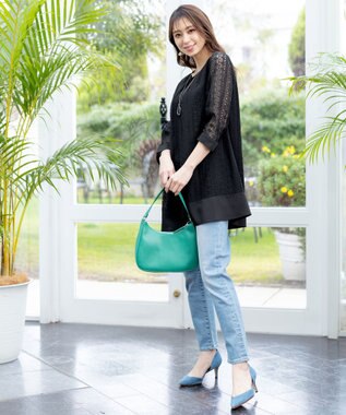 Tiaclasse L 【洗える】レースコンビチュニックブラウス ブラック