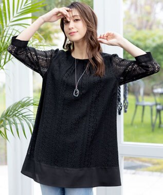 Tiaclasse L 【洗える】レースコンビチュニックブラウス ブラック