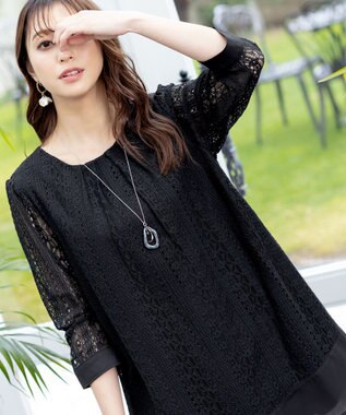 Tiaclasse L 【洗える】レースコンビチュニックブラウス ブラック