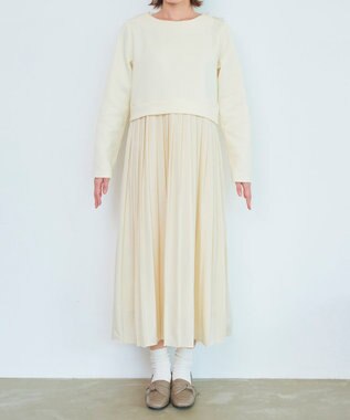 Tiaclasse L 【洗える】裏起毛ドッキングワンピース アイボリー