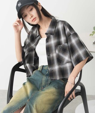 WEGO 【手洗い可/綿100％】オンブレチェックショートシャツ ブラックチェック1