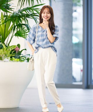 Tiaclasse 【洗える】ゆったりシルエットの幅広カフスブラウス ブルーチェック