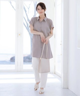 Tiaclasse L 【洗える】フレンチスリーブシャツチュニックブラウス グレージュ