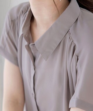 Tiaclasse L 【洗える】フレンチスリーブシャツチュニックブラウス グレージュ