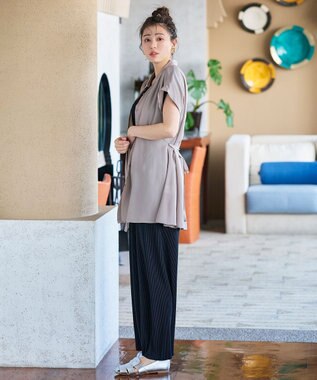 Tiaclasse L 【洗える】フレンチスリーブシャツチュニックブラウス グレージュ