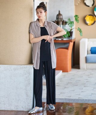 Tiaclasse L 【洗える】フレンチスリーブシャツチュニックブラウス グレージュ