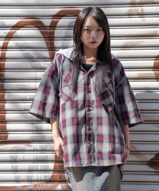 WEGO 【ユニセックス着用ITEM/MLサイズ展開】オンブレチェックフードシャツ（SS） レッドチェック1