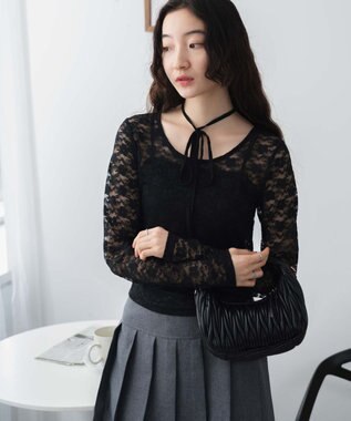 WEGO チョーカーリボン付きレースロンT ブラック