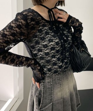 WEGO チョーカーリボン付きレースロンT ブラック