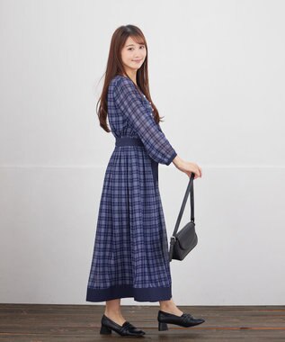 Tiaclasse L シアーチェック配色ワンピース ネイビー
