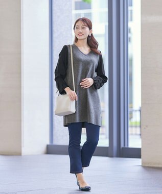 Tiaclasse 【洗える】タック袖コンビニットチュニック チャコールグレー