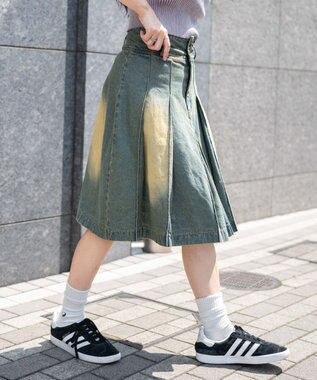 WEGO ヴィンテージウォッシュデニムプリーツミドルスカート デニム