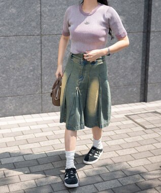 WEGO ヴィンテージウォッシュデニムプリーツミドルスカート デニム