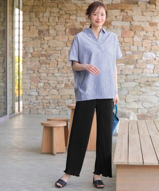 Tiaclasse 【洗える】 リネンミックススキッパーシャツ ブルーストライプ