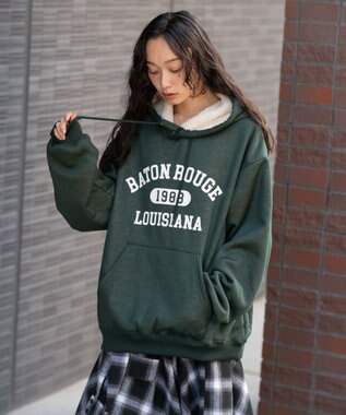 WEGO 【ユニセックス着用ITEM/裏起毛】カレッジロゴボアパーカー ダークグリーン