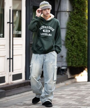 WEGO 【ユニセックス着用ITEM/裏起毛】カレッジロゴボアパーカー ダークグリーン