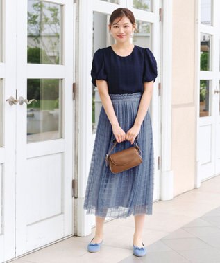 Tiaclasse 【洗える】ツイスト袖チェックブラウス ネイビー