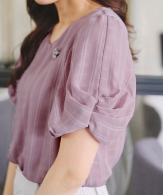 Tiaclasse 【洗える】ツイスト袖チェックブラウス ピンク