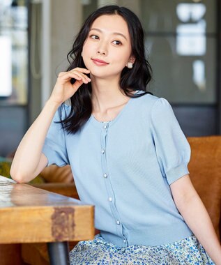 Tiaclasse L 【洗える】ひんやり心地良いパフ袖ニットカーディガン サックス