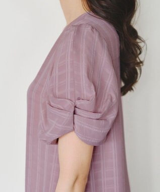 Tiaclasse 【洗える】ツイスト袖チェックブラウス ピンク