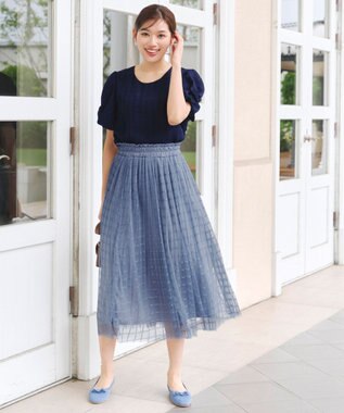 Tiaclasse 【洗える】ツイスト袖チェックブラウス ネイビー