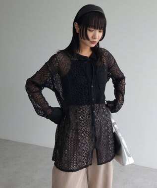 Green Parks ２ＷＡＹリボン付きレースシャツ Black