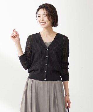 J.PRESS LADIES L 【洗える・抗菌防臭】コットンアセテート Vネック レーシー カーディガン ブラック系