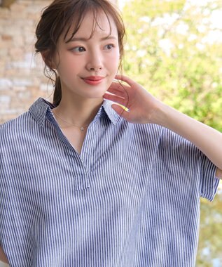 Tiaclasse 【洗える】 リネンミックススキッパーシャツ ブルーストライプ