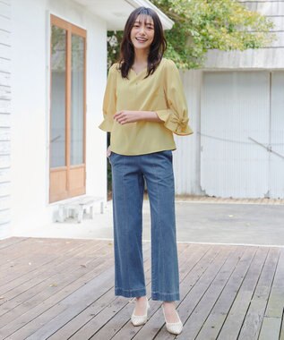 Tiaclasse 【洗える】TCデニム切替ワイドストレートパンツ サックス