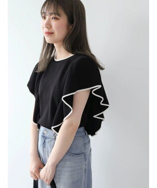 Green Parks 配色フリルニットプルオーバー Black