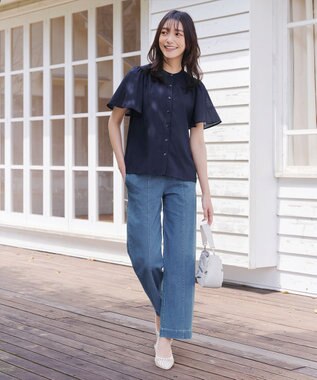 Tiaclasse 【洗える】TCデニム切替ワイドストレートパンツ サックス