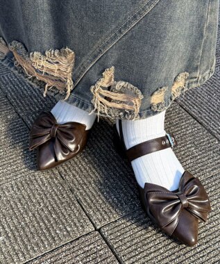 WEGO ダブルリボンポインテッドシューズ ブラウン