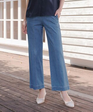 Tiaclasse 【洗える】TCデニム切替ワイドストレートパンツ サックス