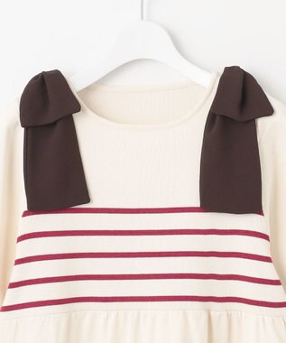 Feroux 肩リボン ペプラムニット ピンク系ボーダー