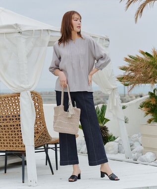 Tiaclasse 【洗える】TCデニム切替ワイドストレートパンツ ネイビー