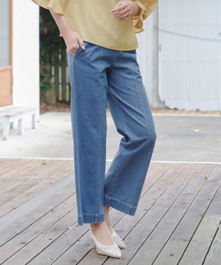 Tiaclasse 【洗える】TCデニム切替ワイドストレートパンツ サックス