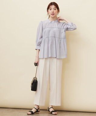 ANY SIS 【洗える】シャーリングシアー ブラウス ライトブルー