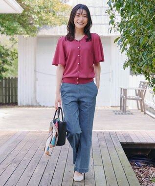 Tiaclasse 【洗える】TCデニム切替ワイドストレートパンツ サックス