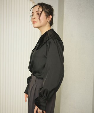 #Newans 【シワになりにくい/洗濯機可能】プリーツカラーブラウス ブラック