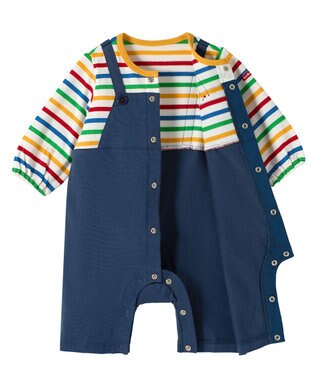 MIKI HOUSE HOT BISCUITS 【70-80cm】オーバーオール重ね着風 7分丈カバーオール 紺