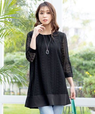 Tiaclasse L 【洗える】レースコンビチュニックブラウス ブラック