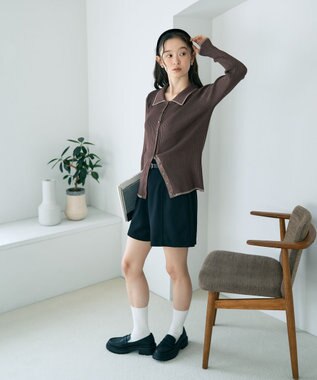 earth music&ecology バイカラートリムロングニットカーディガン Brown