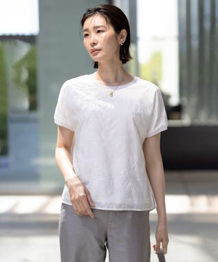 J.PRESS LADIES 【洗える】シアーエンブロイダリー カットソー オフホワイト系