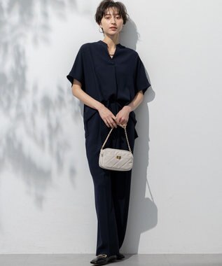 23区 【吸水速乾/UVカット/接触冷感】ストレッチジョーゼット バンドカラー カットソー ネイビー系